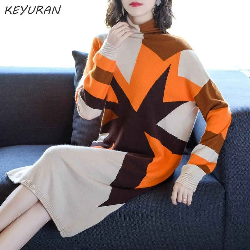 Винтажное Женское зимнее платье-свитер с высоким воротом женское элегантное