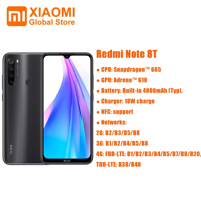 Смартфон Xiaomi Redmi Note 8T с глобальной версией, 4 Гб, 128 ГБ, 6,3 ГБ, NFC Snapdragon 665, 48мп камера, 18 Вт, быстрая зарядка, 4000 мАч, смартфон