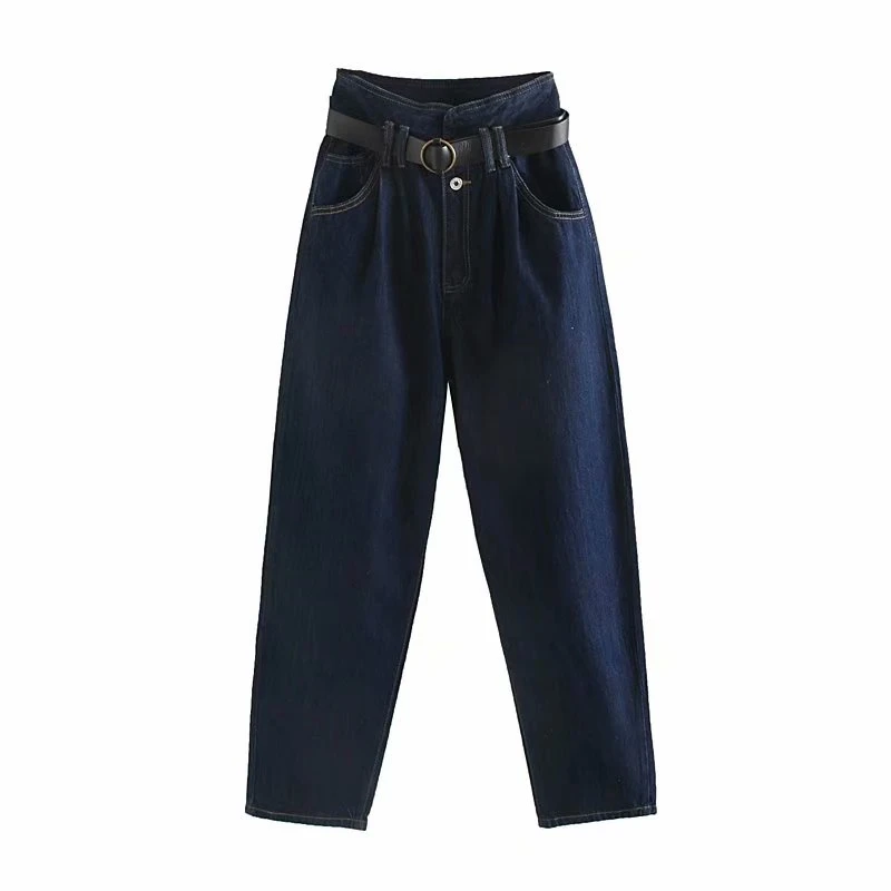 darkblue Tangada Женские повседневные темно-синие джинсы брюки с поясом высокая талия карман брюки стильные джинсовые брюки 4M141 - Цвет: darkblue