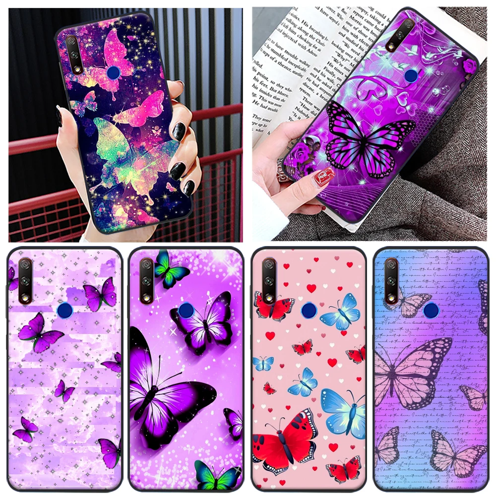 

Blue Butterfly Phone Case For Huawei Honor V20 9 9X V10 10X 10 Lite 30 20 V9 20i Pro Butterfly Tile Soft TPU Cases Coque