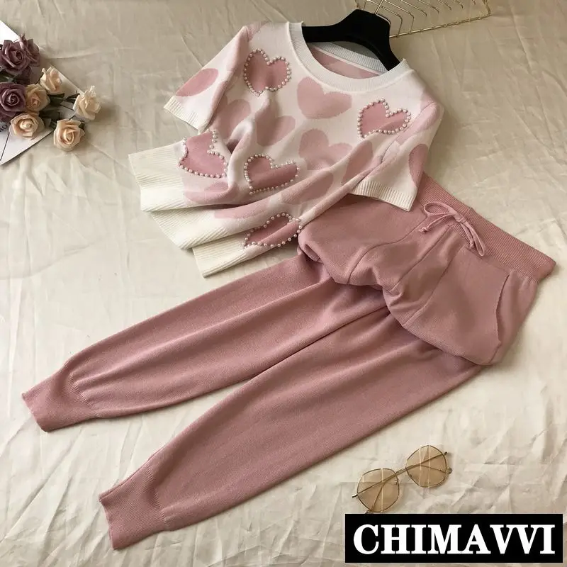 

New Korean Love Pattern Jacquard Pearl Beads Short Sleeve Knitted Tops + Harem Pants Two-piece Set Femme Tracksuit Girls
