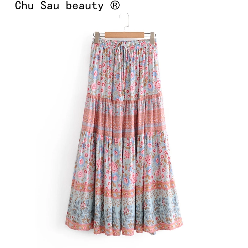 

Женская длинная юбка с цветочным принтом, винтажная Свободная юбка в стиле бохо с поясом на резинке, лето 2021