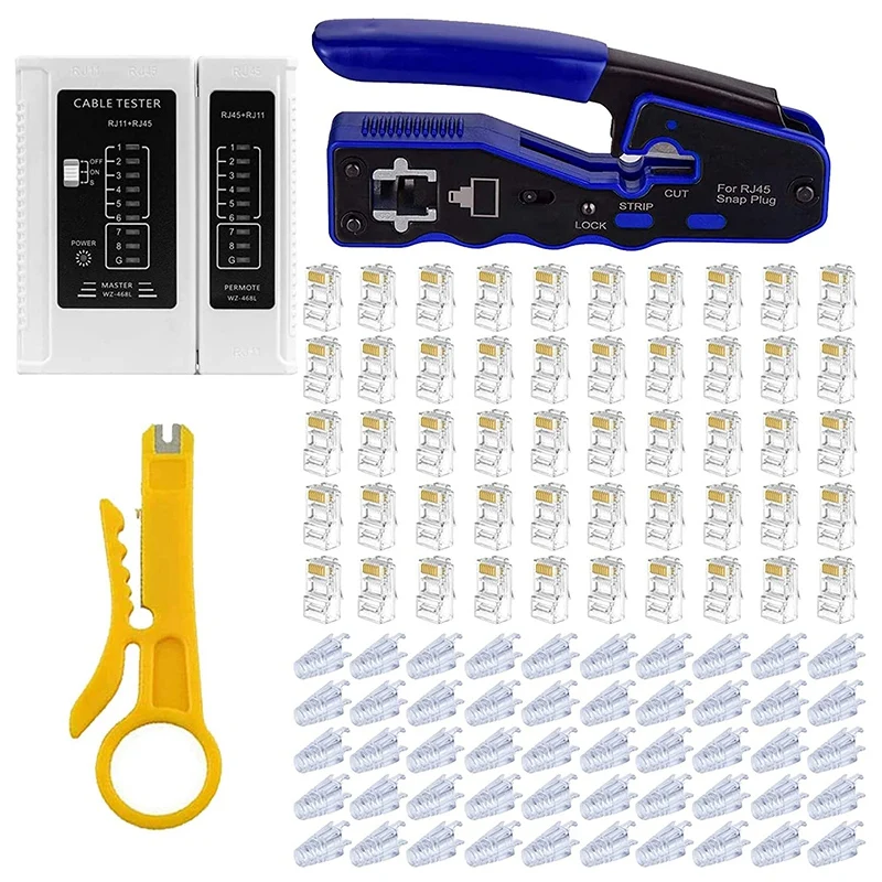 RJ45 Crimp Tool Cable Tester Kit,All-In-One Stripper Cutter Crimper Tool for RJ45 Cat6 Cat5 Pass-Thru Connectors