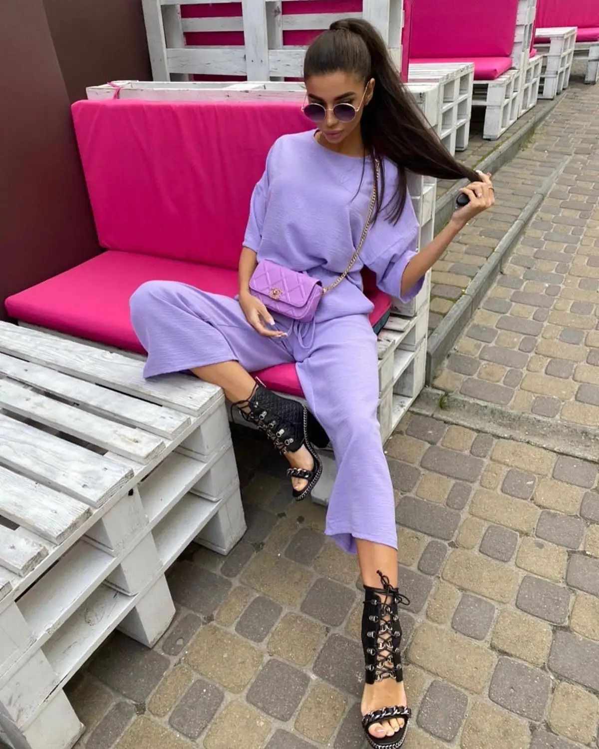 

Sexy Fashion Khaki Women's Set Summer Casual Two Piece Set Short Sleeve Tops Shirt And Loose Beach Pants Set Bottom Suit Outfits