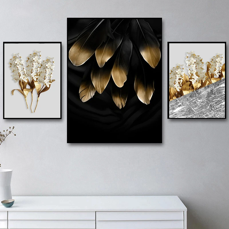 

Nordic Golden Abstract Black White Feathers Leaf Flower Canvas Painting Poster and Print Wall Art Picture for Living Room Cuadro