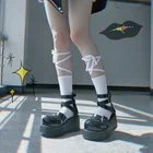 Женские хлопковые носки в японском стиле, черные, белые носки с длинным веревочным ремешком, перекрестным бантом и принтом в стиле 