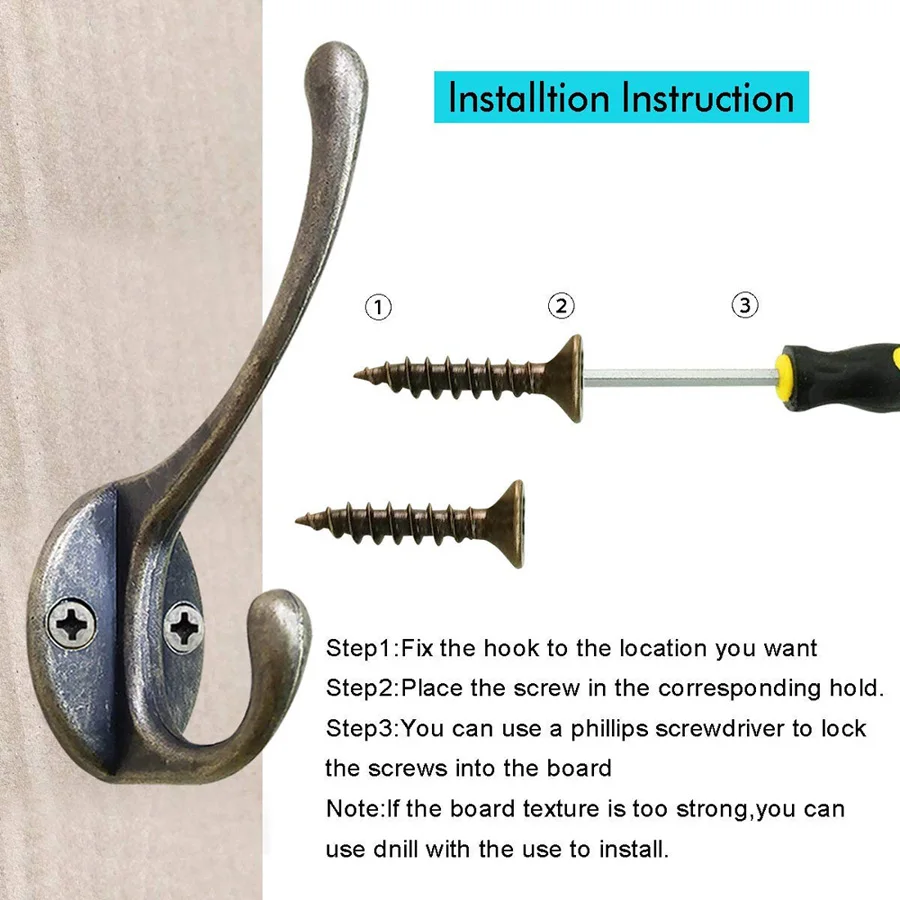 Сверхмощные двойные крючки для пальто настенные в стиле ретро с 6 винтами 12