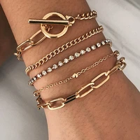 5 pcsset punk gold crystal thick chain bracelet female bohemian geometric chain ot buckle bracelet set jewelry girl party gift