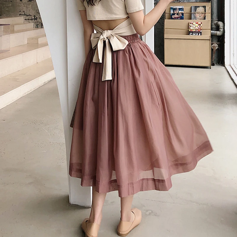 

New Arrival Summer Korea Fashion Women High Waist Long Skirt All-matched Casual Sweet Organza Ball Gown Skirt Top Quality S169