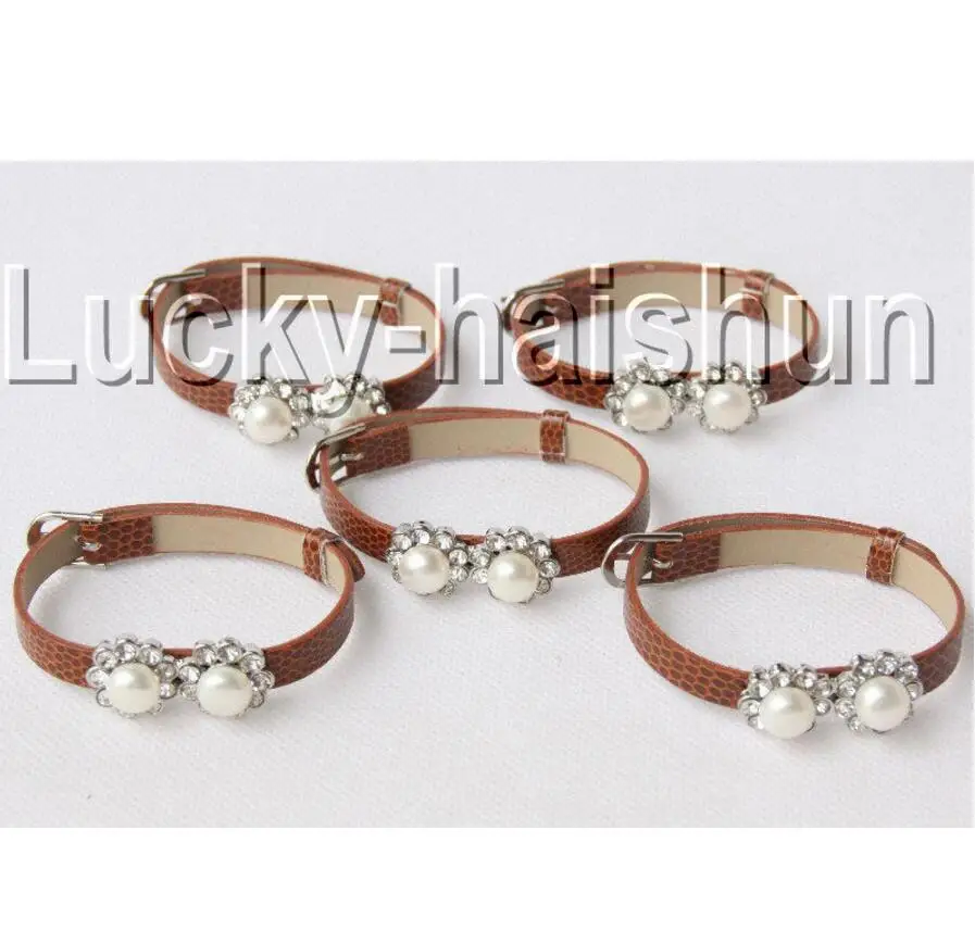 

new hot 5piece adjustable khaki leather round white pearls bracelet