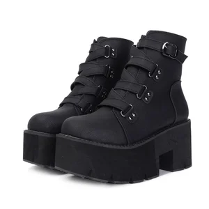 Autumn Ankle Boots Women Platform Boots Woman Metal Buckle Black PU Leather Wedges Female Comfortable High Increase 8cm Shoes