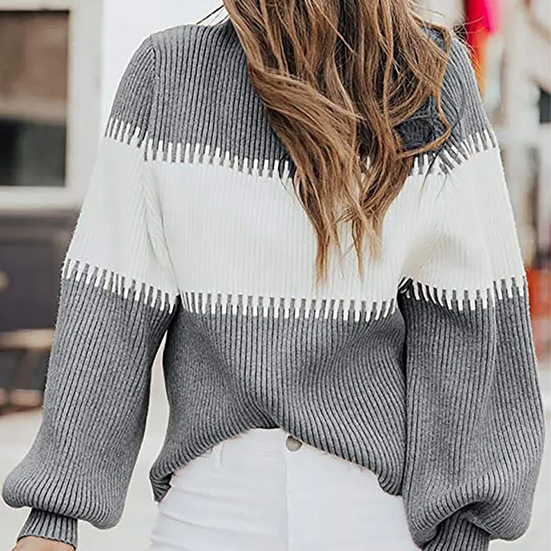 

Autumn Lantern Sleeve Hit Color Knitted Women's Sweater Patchwork Turtleneck Long Ribbed Lady Pullover Female Streetwear Sweater