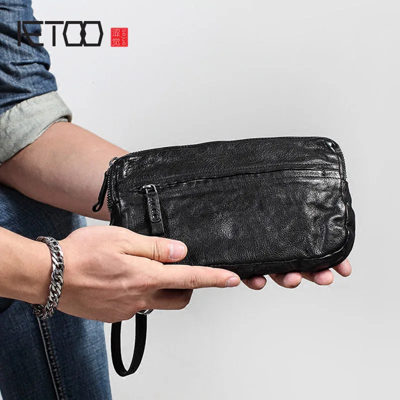 AETOO Double zipper small clutch, men's leather large-capacity wallet with wrist strap, soft leather men's retro cowhide clutch