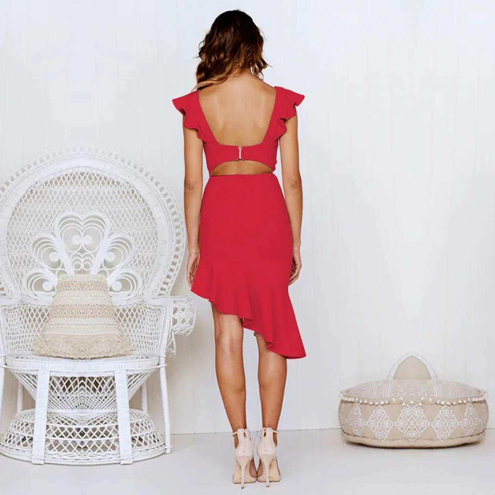 

2021 Spring Summer Women Sexy Elegant Dress Short Sundress Party V-neck Ruffles Sleeveless Backless Solid Color Slim Dresses