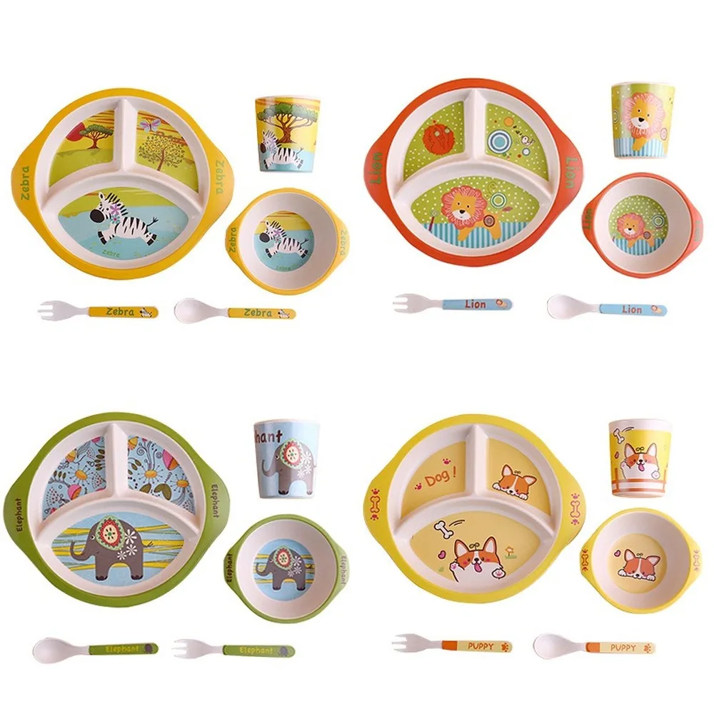 5 Pcs Creative Carton Animals Bamboo Fiber Kids Baby Children Solid Feeding Dinnerware Tableware Set Plate Bowl Cup Fork Spoon