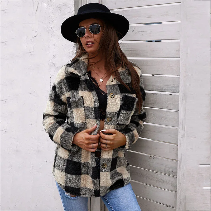 

Foridol Button Up Plaid Faux Fur Coat Jacket Winter Pockets Female Office Casual Checked Vintage Khaki Windbreaker Fluffy Coat