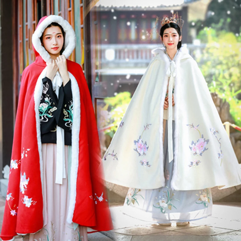 

Female Hanfu Clothes Chinese Traditional Winter Warm Red/White Cloak Han/Tang Dynasty Embroidered Hanfu Festival Outfit VO436