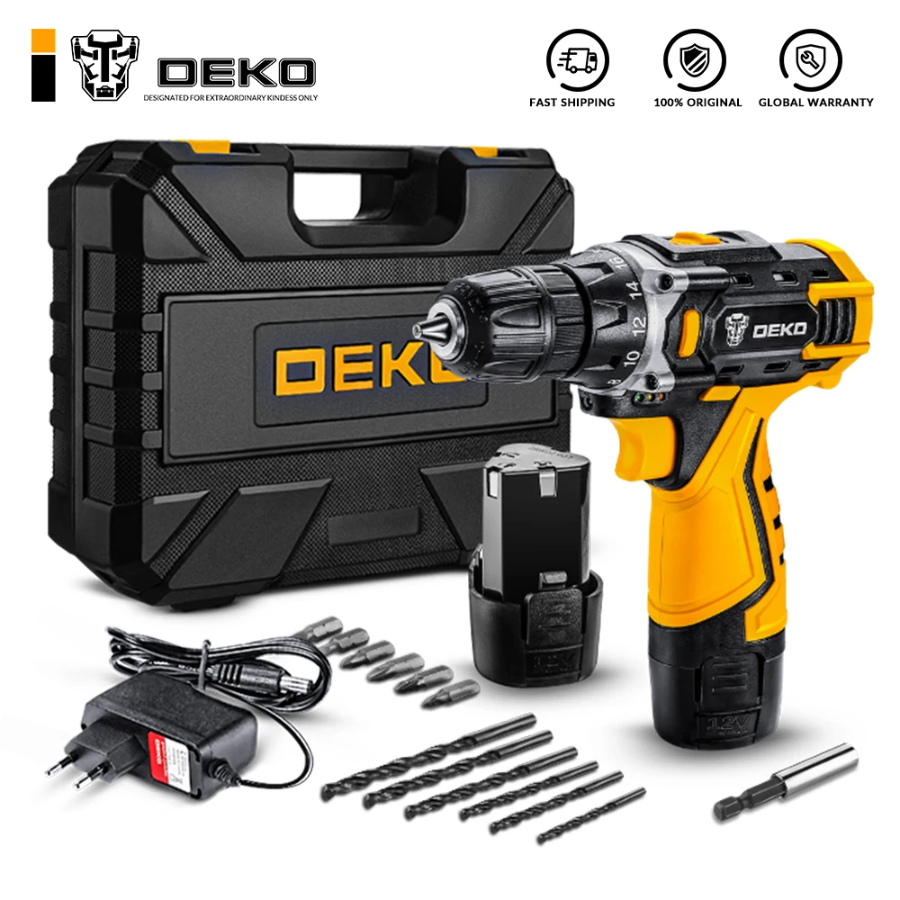 DEKO New 12V16V 20V Electric Drill with Lithium Battery Pack Cordless Drill for Home DIY Mini Power Driver Keyless 18+1 Settings