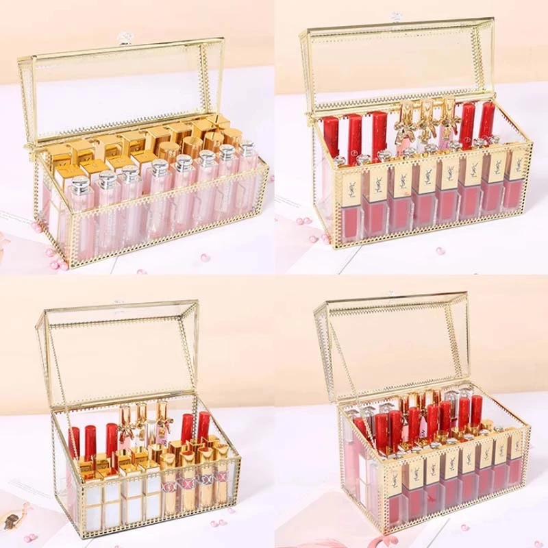 

Золото макияж организатор ящик для хранения Пластик Контейнер Чехол для губной помады кожи Уход за ногтями, лак духи Rangement Дисплей стенд