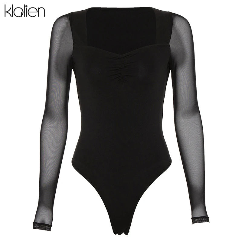 KLALIEN сетчатый длинный рукав квадратный воротник бюстье для девушек тонкий летний