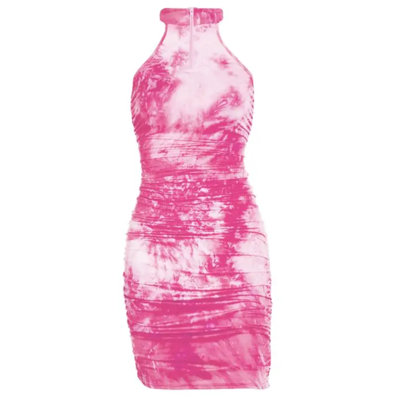 

Women Sexy Sleeveless Ruched Bodycon Mini Dress Neon Tie-Dye Zipper Clubwear 6XDA