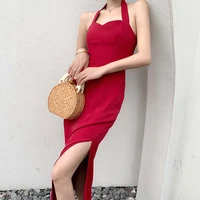 summer holiday womens red sexy backless dress french style elegant mixi dress split halter strap dress 2021 female vestidos