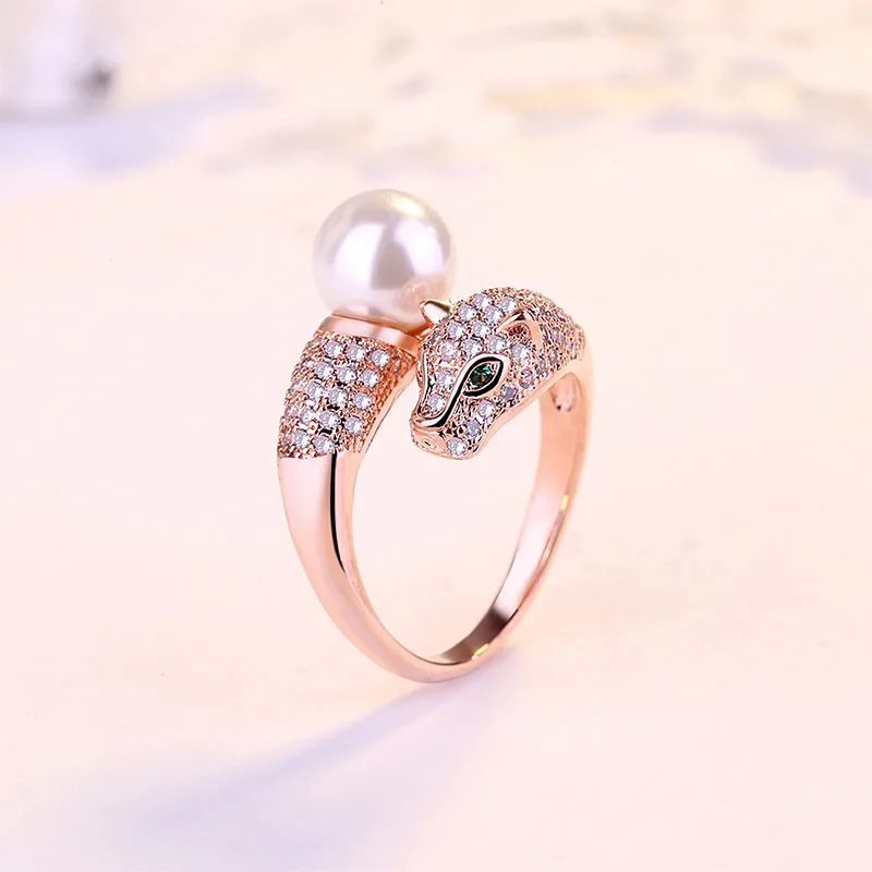 

Nordic Hot Sale Pearl Ring Fashion Leopard Head 925 Silver Jewelry Luxury Opening Adjustable Men and Women Accessories