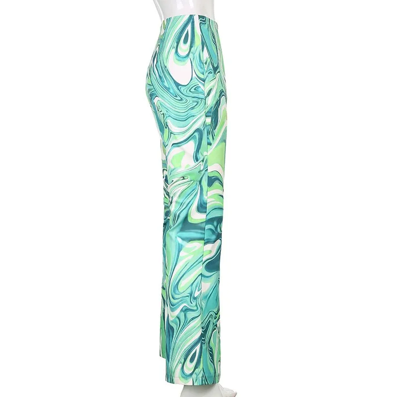 

2021 Autumn Winter Chic Women Casual Tie-dye Printed Flare Pants Series Streetwear Zipper High Waist Loose Trouser Female