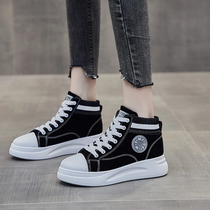 

Women Platform Sneakers High Top Vulcanize Shoes Leather Chunky Casual Shoe Fashion Autumn Leisure Flats Women's Sneaker PUMPS