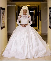 elegant ball gown long sleeve hollow shoulder lace applique bride gown robe de mariee sweep train african satin wedding dress