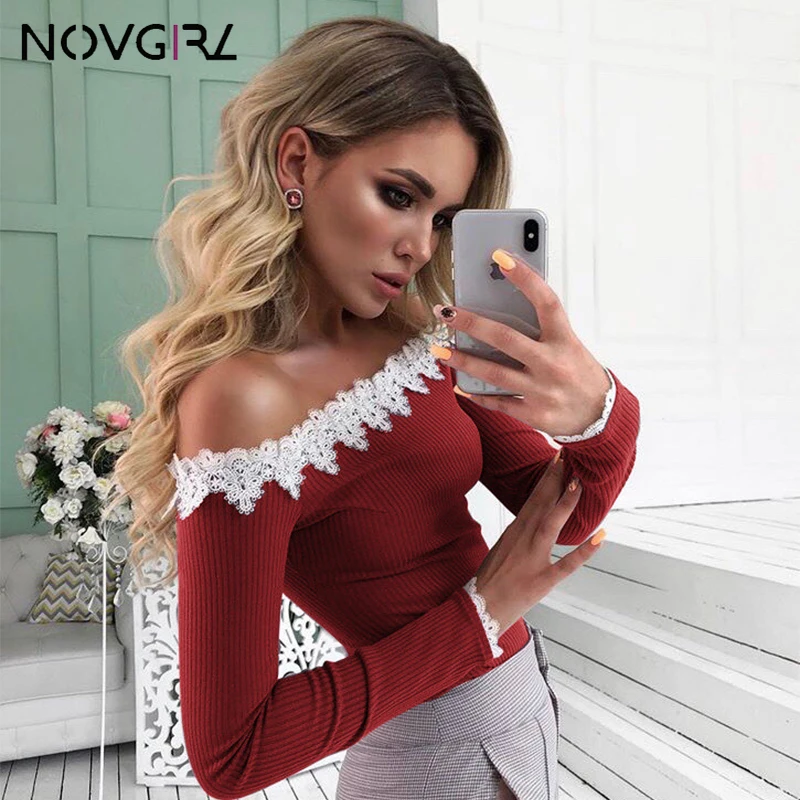 Novgirl/элегантные кружевные вязаные женские футболки с открытыми плечами 2019
