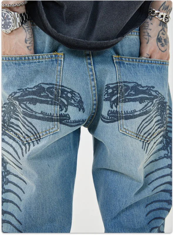 

IEFB Streetwear Spring Summer Trend New Black Jeans Bone Print Light Medium Waist Straight Denim Causal Pants 2021 New 9Y7101