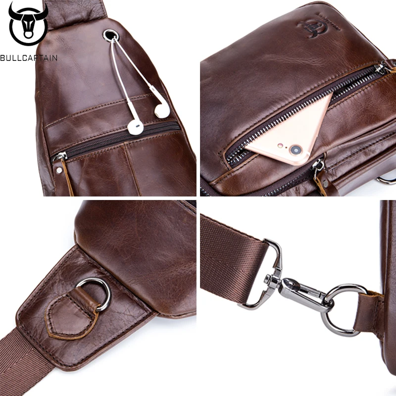 BULLCAPTAIN Men's Leather Shoulder Crossbody Chest Bag Head Layer Cowhide Fashion Multifunctional Sports Casual Chest Bag