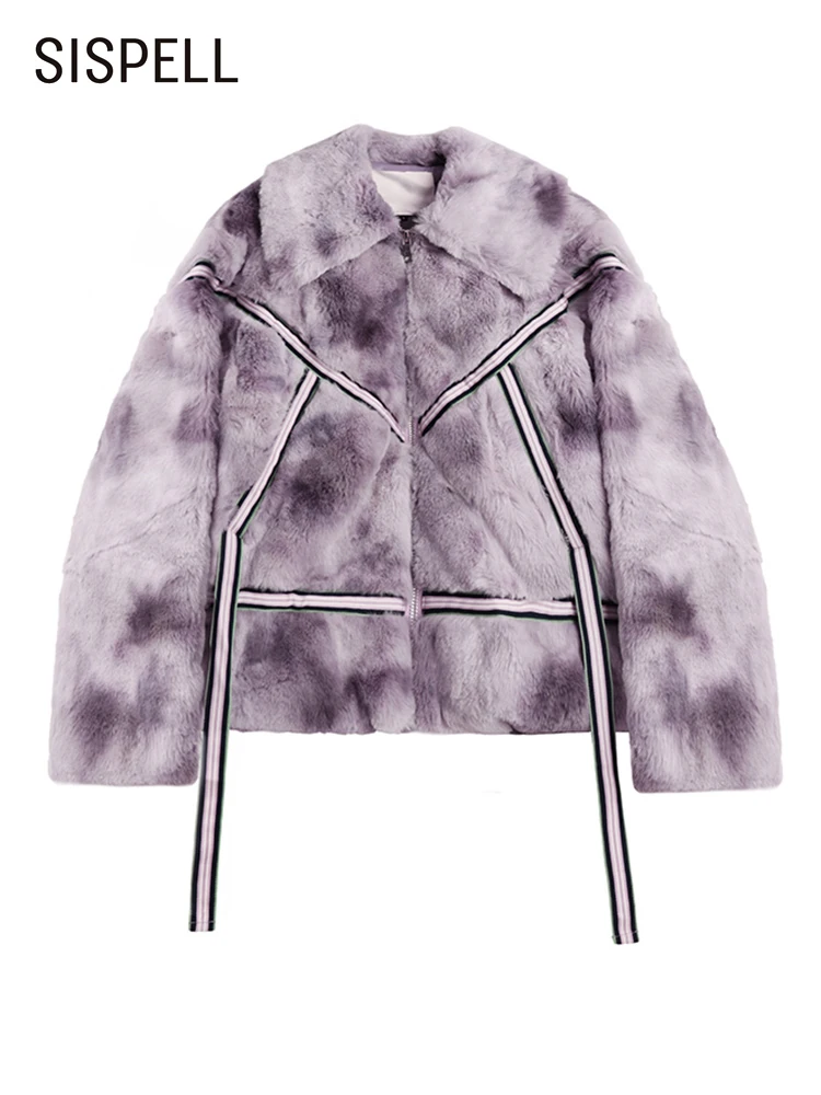 

SISPELL Purple Patchwork Striped Jacket For Women Lapel Long Sleeve Colorblock Zipper Loose Women's Coat 2021 Winter Fashion New