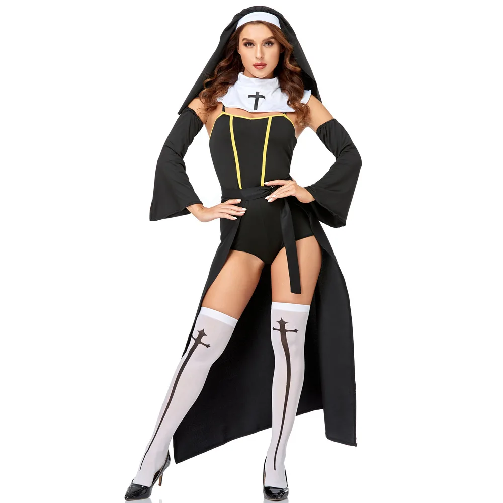 

Halloween adult lady sexy nun black priestly dress Priest Maria nun role play costume