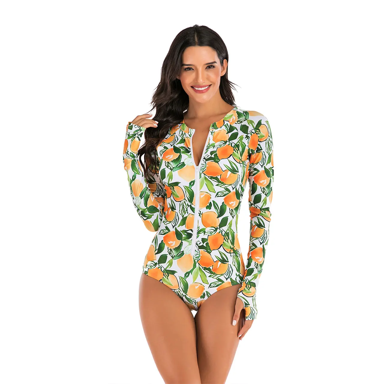 Женский слитный купальник на молнии спереди с длинным рукавом и высокой