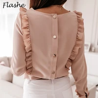 2021 net red pleated back button long sleeve shirt womens elegant ruffle shirt womens round neck solid spring and autumn shirt