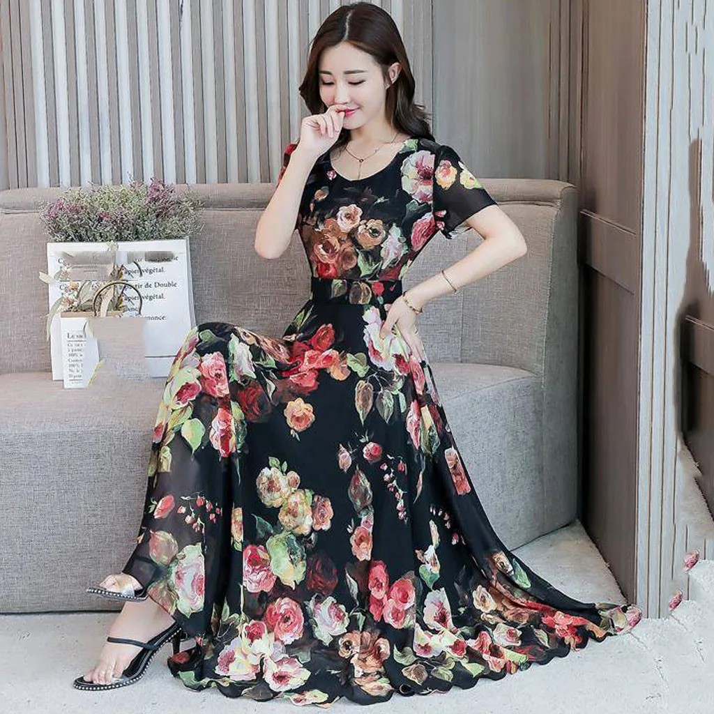 Модное женское платье с цветочным принтом 2020 длинное круглым вырезом и коротким