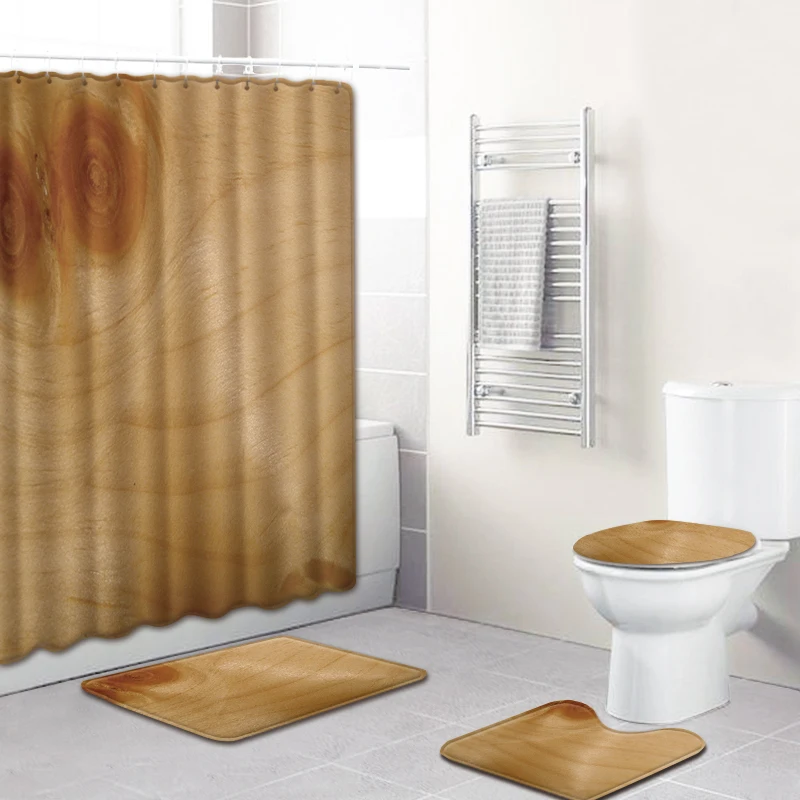 

4 pcs/set 3D Wood Pattern Shower Curtains Set Bathroom Accessories Set Shower Curtain with Bath Mat Set for Bathroom