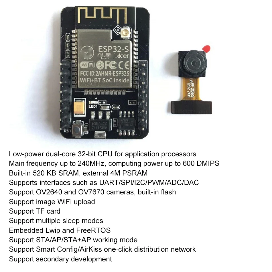 Женский модуль Wi Fi ESP32 с модулем камеры OV2640 32 битный ЦП 240 МГц 5 В Bluetooth|Запасные