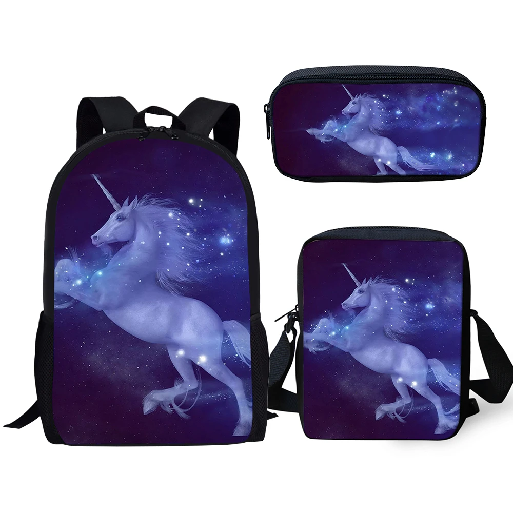 HaoYun Fashion Kids 3PCs Set Backpack Cute Horse Pattern School Bag Students Fantasy Unicorn Prints Backpack/Flaps Bag/Pen Bags