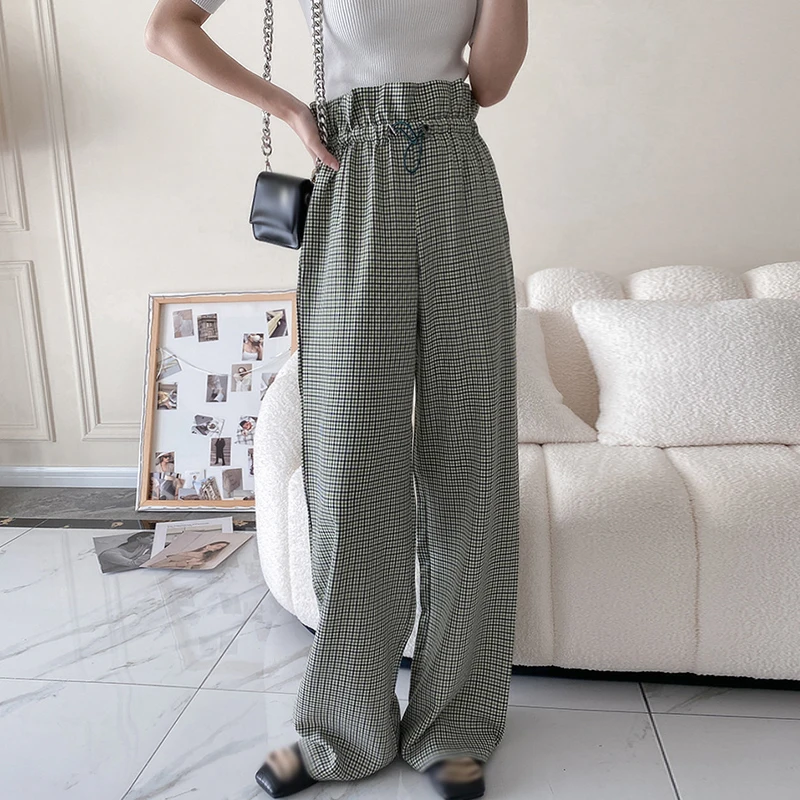 

TWOTWINSTYLE Casual Pants For Female Gingham Colorblock High Waist Loose Woemn's Casual Wide-legged Straight Trousers Fashion