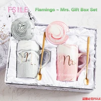 fsile marble pattern cup gold rim mug gift box set coffee cup couple women cup flamingo cup ceramic with hand ceremony