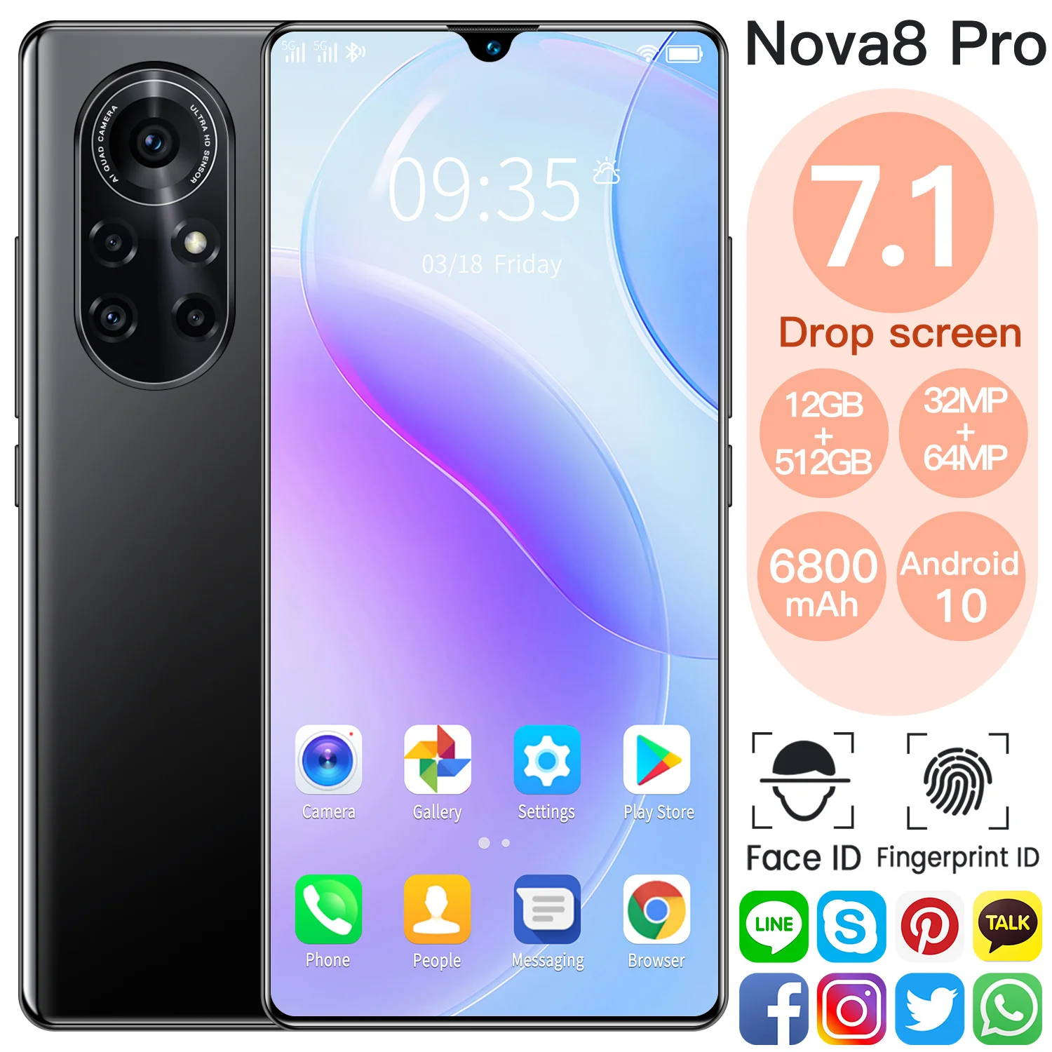 

Hot Nova8 Pro 7.1" Cellphone Global Version 6800mAh 10Core 12+512GB 32+64MP Face ID Fingerprint Unlock 5G Full Screen Smartphone