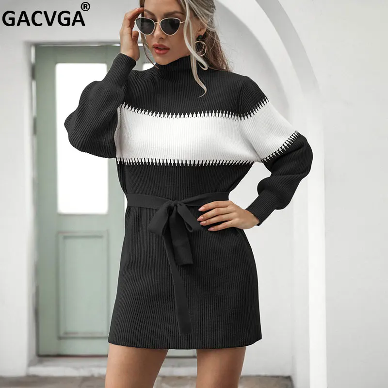 

GACVGA с высоким, плотно облегающим шею воротником вязаный женский свитер-пуловер, платье с поясом, в винтажном стиле, осень-зима с длинным рука...