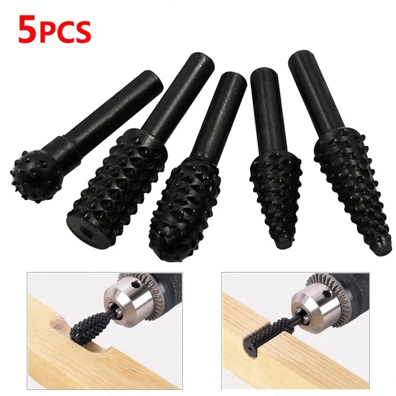 

​5Pcs 1/4 Inch Drill Bit Set Rotary File Burr for Woodworking Wood Carving Tool Burr Set