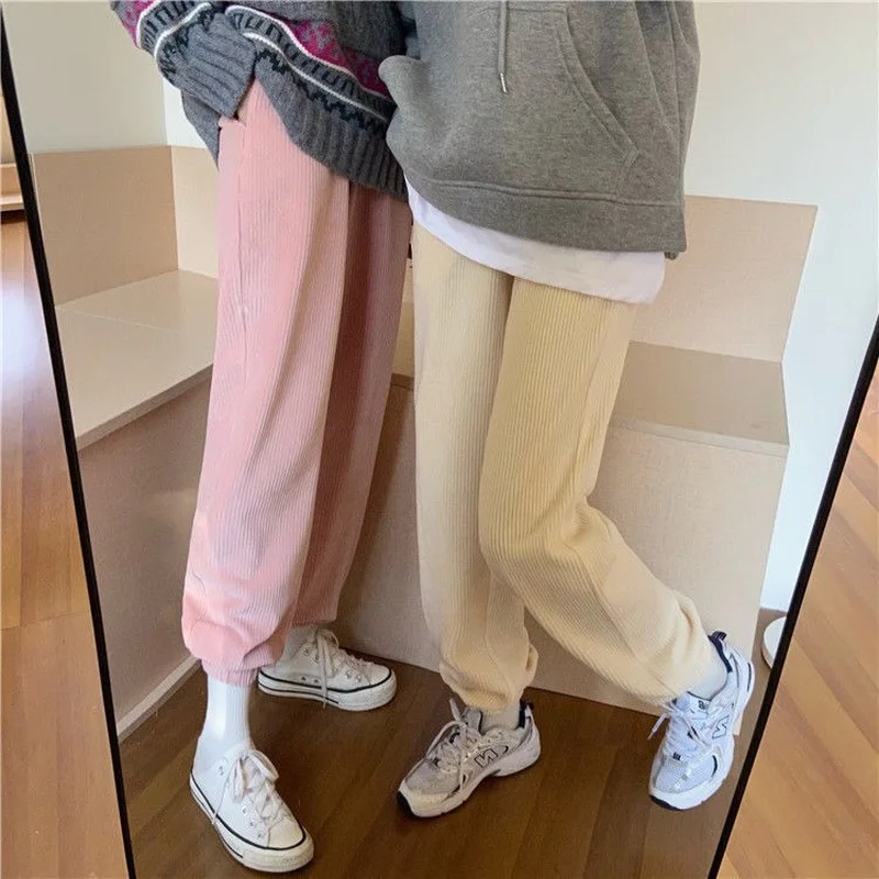 

HOUZHOU Korean Fashion Baggy Pink Corduroy Pants Women Oversize Gray Joggers Sweatpants Autumn Wide Leg Trousers For Female