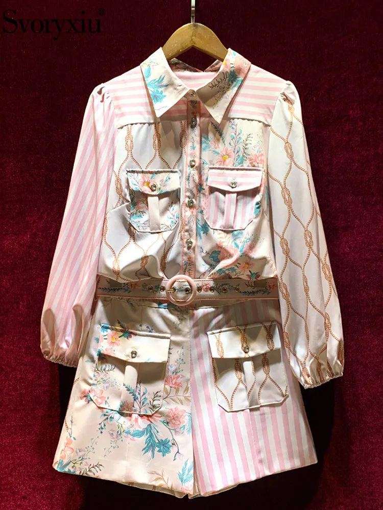 

Svoryxiu 2022 Spring Summer Runway Designer Vintage Shorts Suit Women's Lantern Sleeve Flower Print Blouse + Shorts Sets