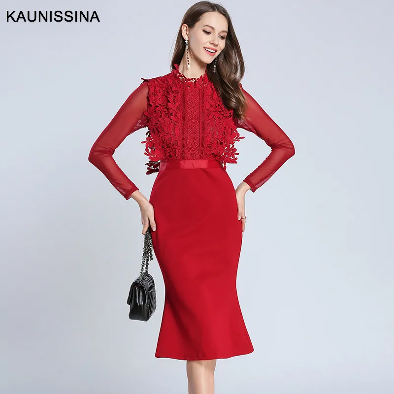 Женское коктейльное платье KAUNISSINA Красное Кружевное лоскутное с длинным рукавом