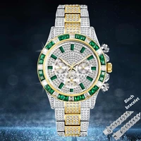 chronograph 18k plated gold watch for men full diamond mens watches hip hop iced out quartz wristwatch man cuban chain bracelet